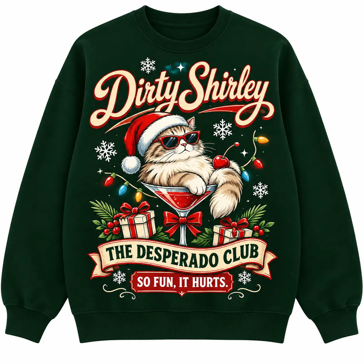 Funny Dirty Shirley Cat Christmas Sweatshirt, Retro Santa Kitty Cocktail Ugly Xmas Sweater
