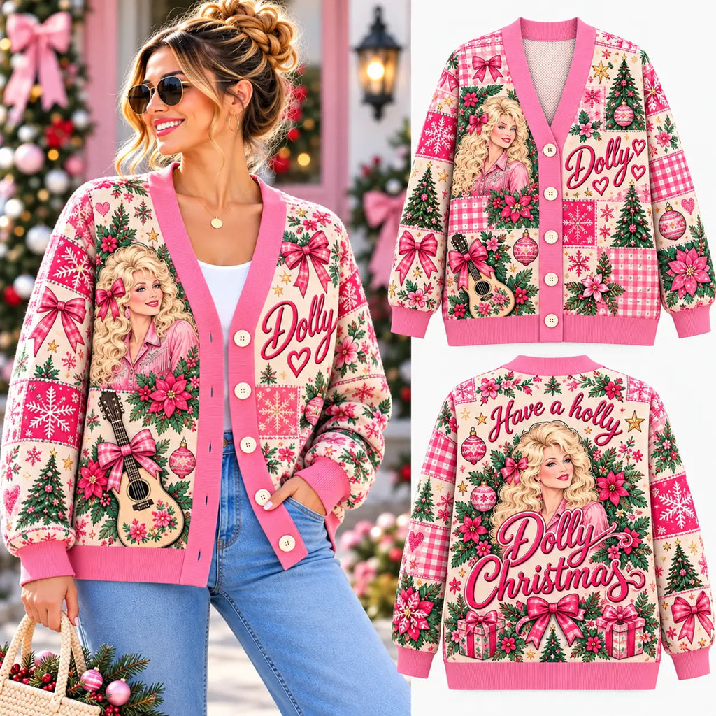 Festive Have a Holly Dolly Christmas Knitted Cardigan, Cozy Winter Outfit Sweater