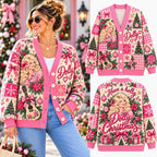 Festive Have a Holly Dolly Christmas Knitted Cardigan, Cozy Winter Outfit Sweater