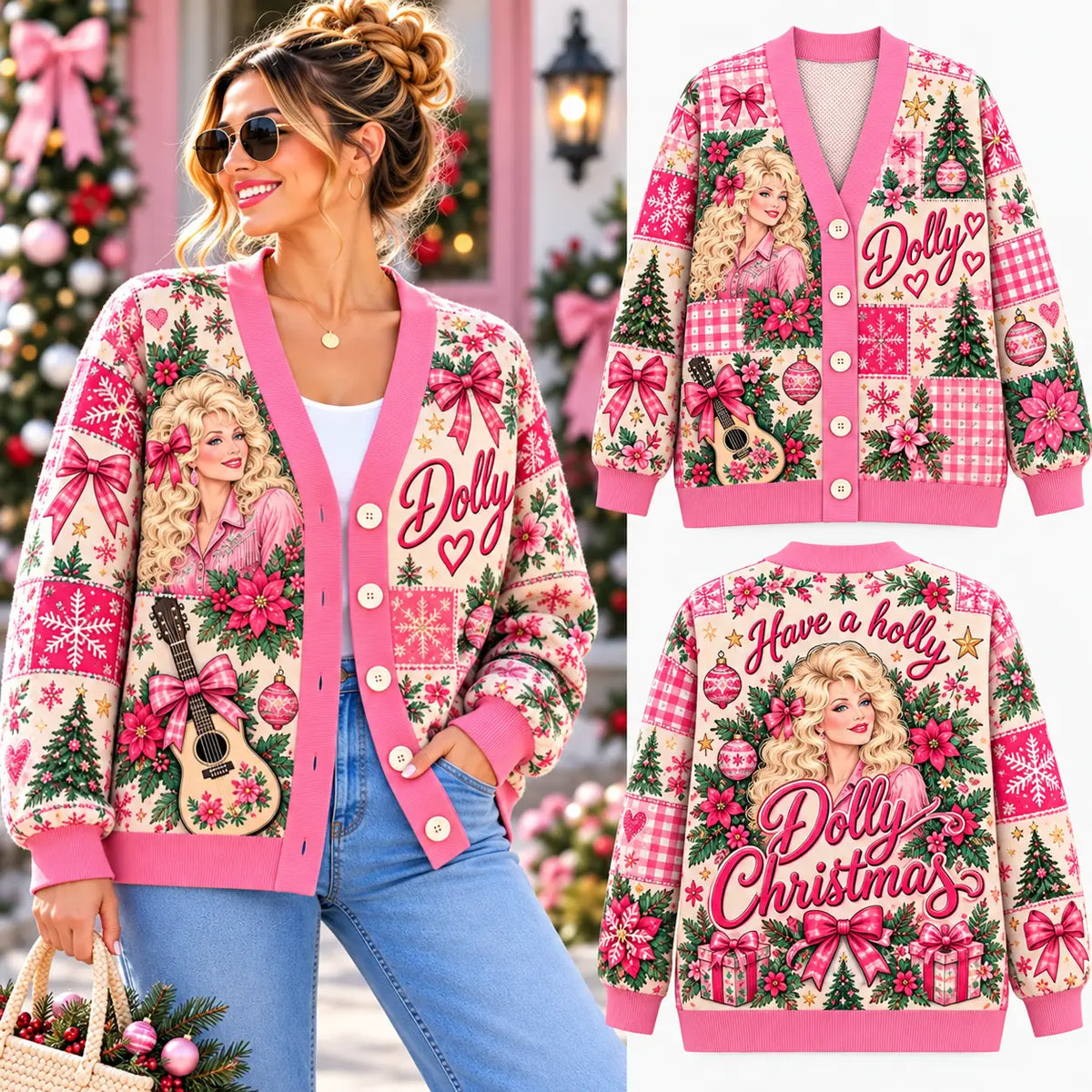Festive Have a Holly Dolly Christmas Knitted Cardigan, Cozy Winter Outfit Sweater