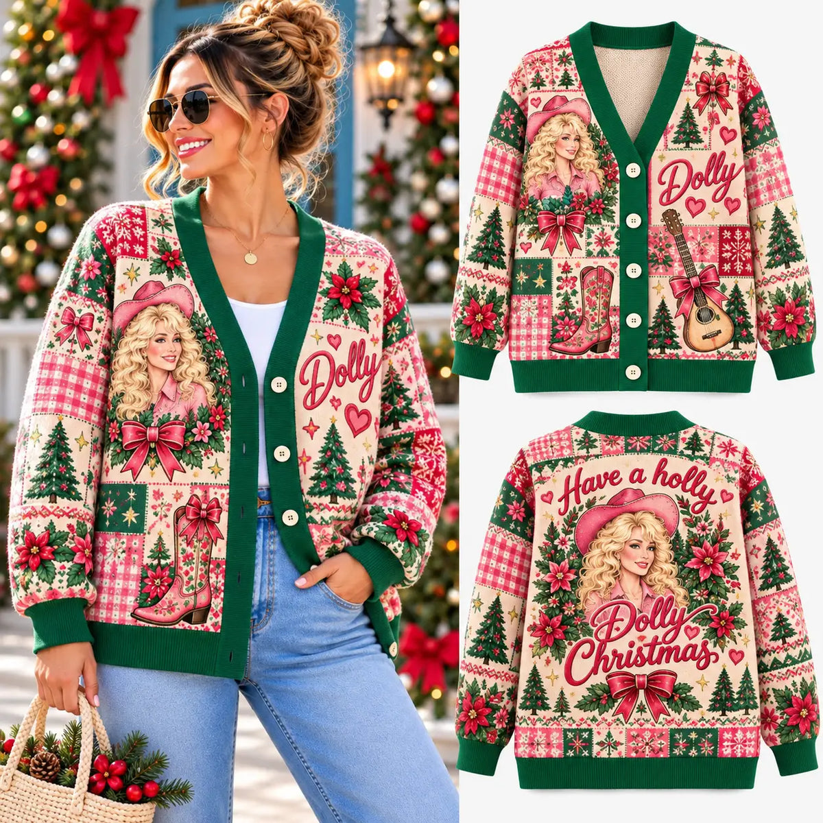 Festive Dolly Patchwork Christmas Knitted Cardigan, Cozy Winter Outfit Sweater