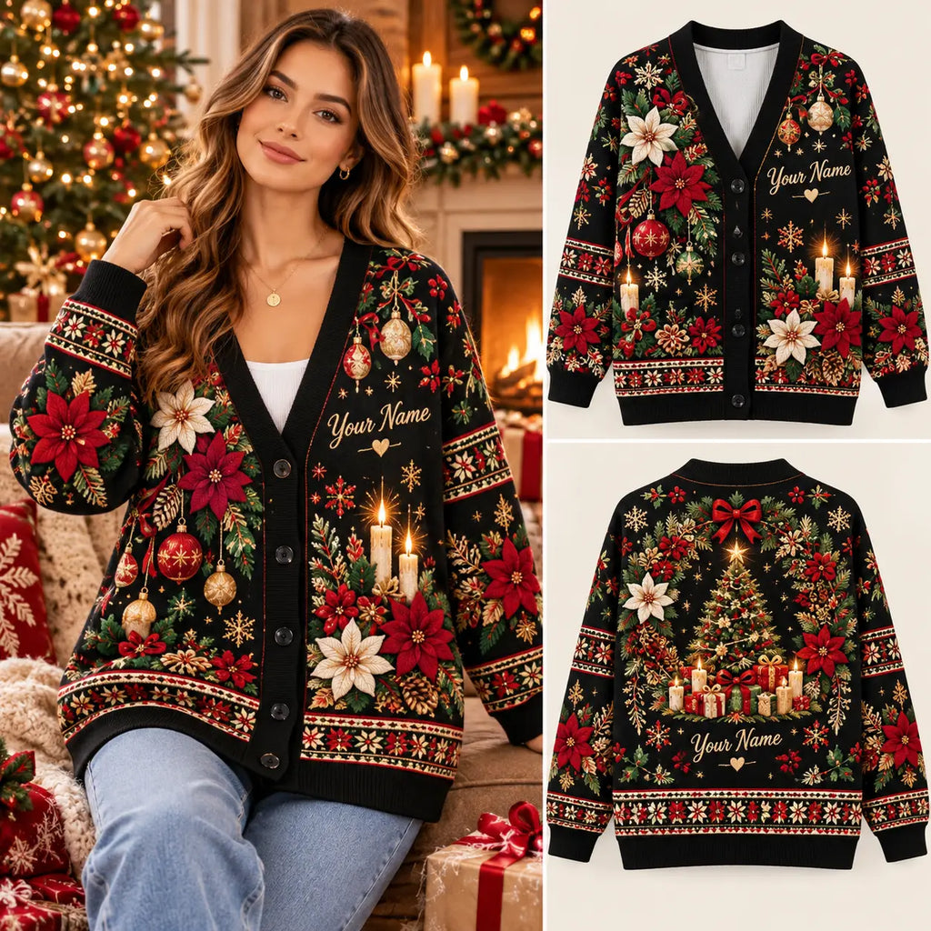 Personalized Name Christmas Tree Knitted Cardigan, Cozy Winter Outfit Sweater