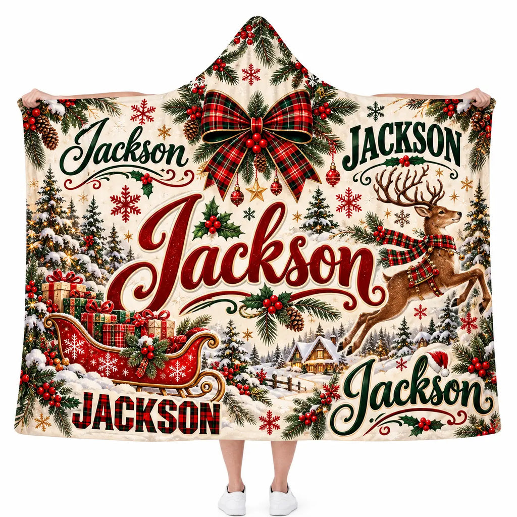 Personalized Name Christmas Hooded Blanket, Custom Reindeer Sleigh Holiday Gift