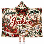 Personalized Name Christmas Hooded Blanket, Custom Reindeer Sleigh Holiday Gift