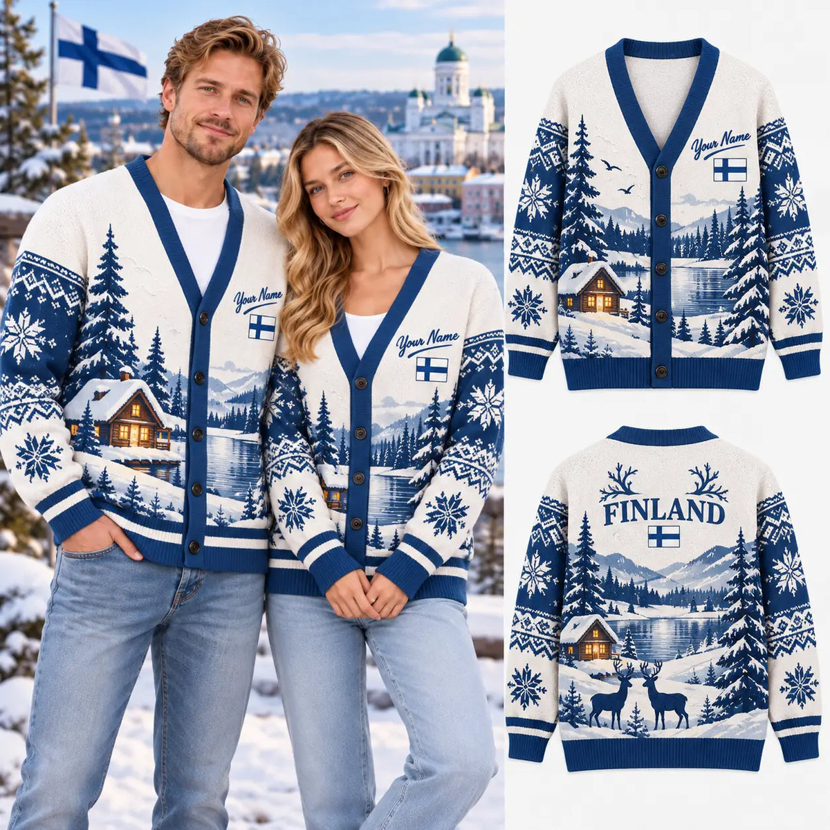 Personalized Name Finland Winter Christmas Knitted Cardigan, Cozy Winter Outfit Sweater