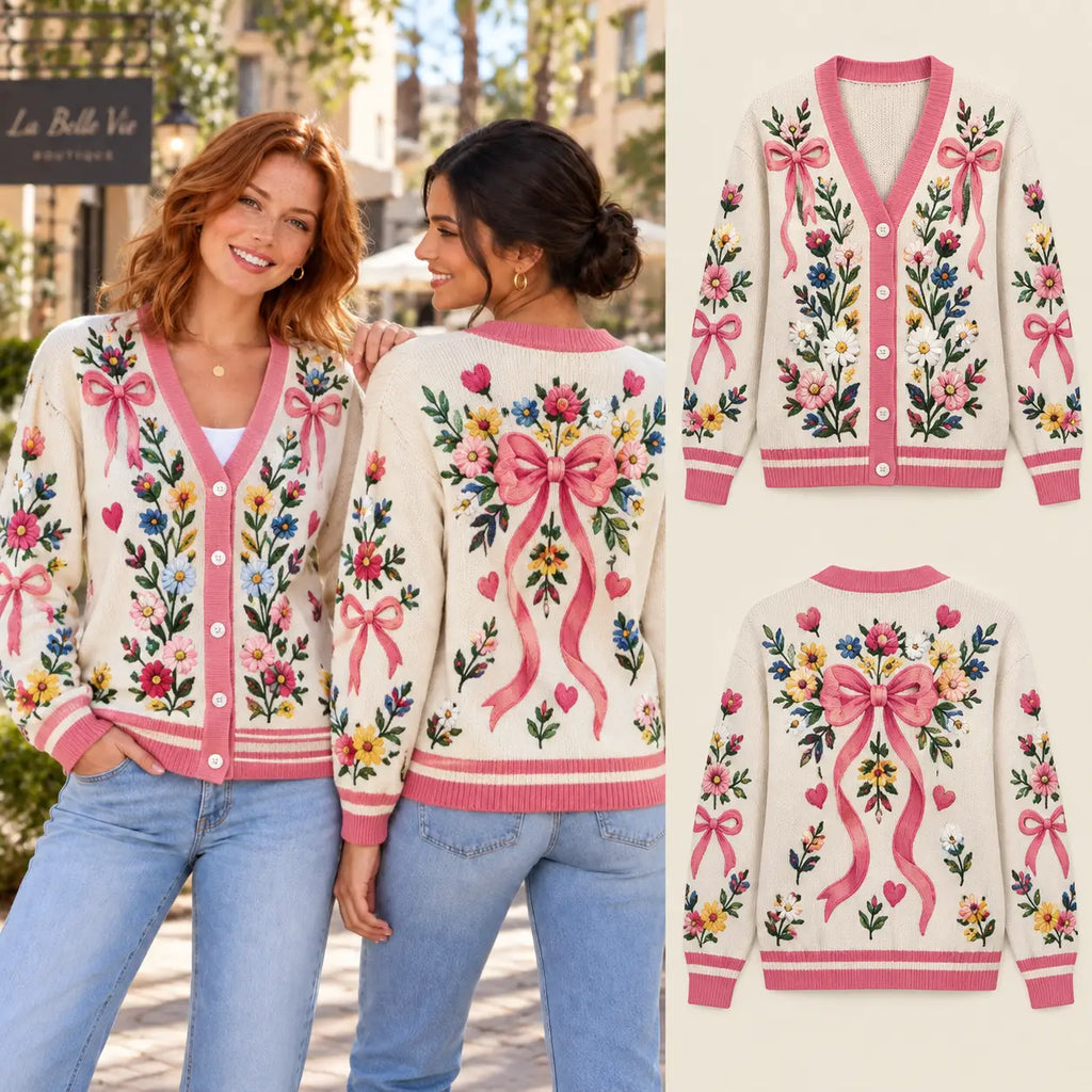 Floral Bow Christmas Knitted Cardigan, Cozy Winter Outfit Sweater