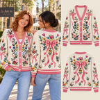 Floral Bow Christmas Knitted Cardigan, Cozy Winter Outfit Sweater