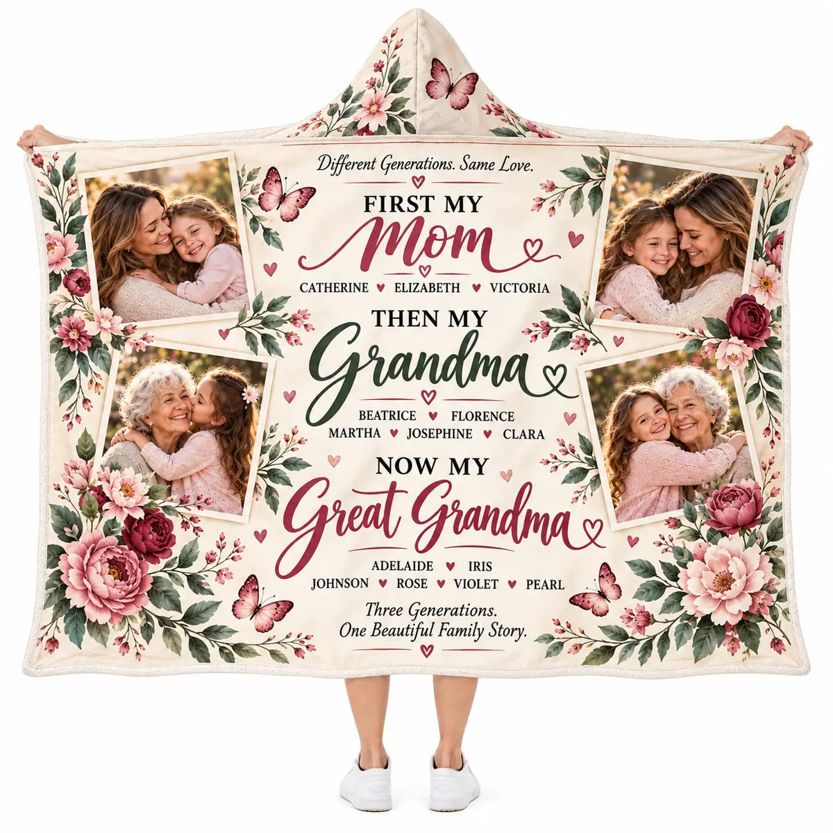 Personalized Photo Family Hooded Blanket, Mom Grandma Great Grandma Gift