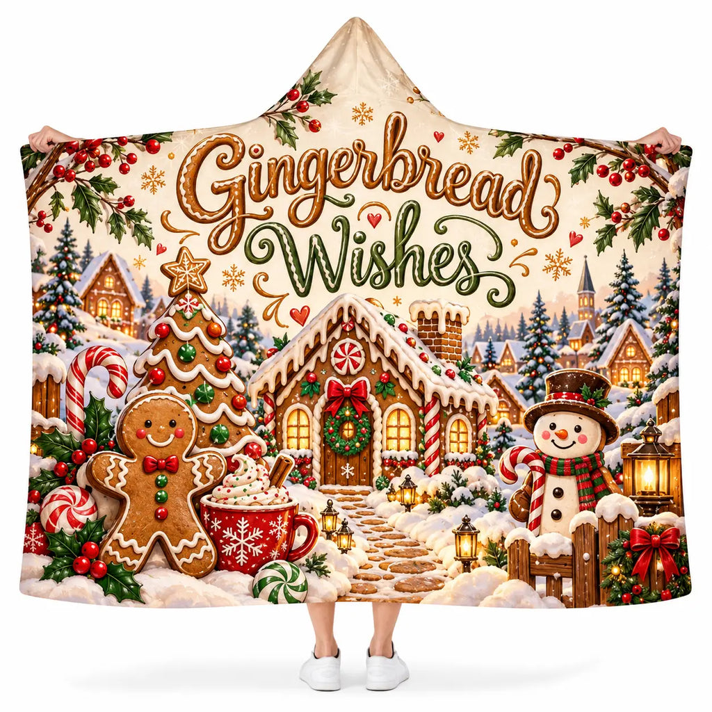 Gingerbread Wishes Hooded Blanket, Christmas Gingerbread House Snowman Gift