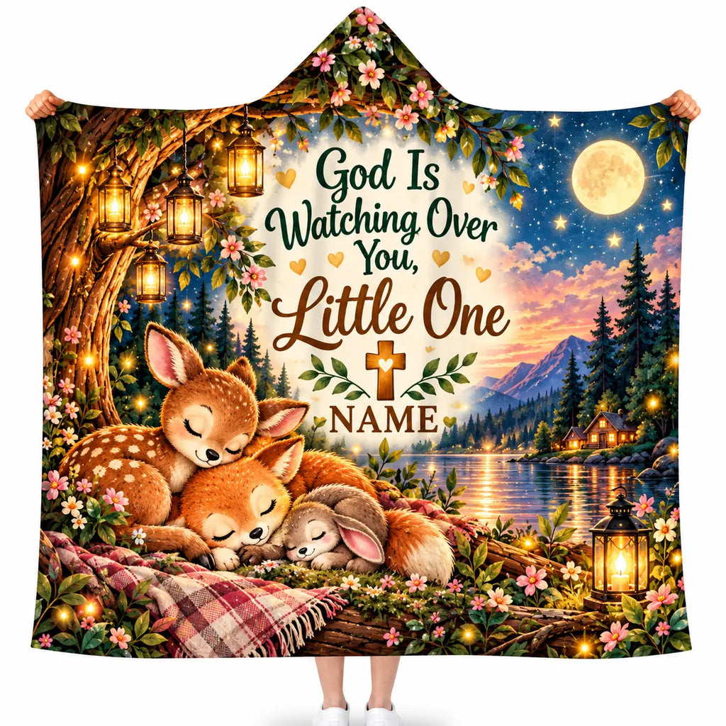 Personalized God Is Watching Over You Hooded Blanket - Cute Woodland Animals Christian Fleece Throw Gift