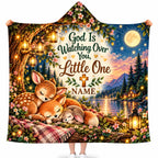 Personalized God Is Watching Over You Hooded Blanket - Cute Woodland Animals Christian Fleece Throw Gift