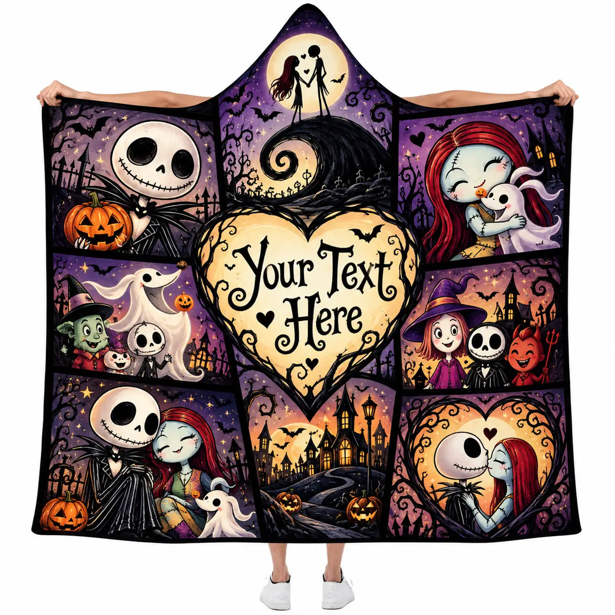 Personalized Spooky Love Halloween Hooded Blanket, Gothic Couple Gift