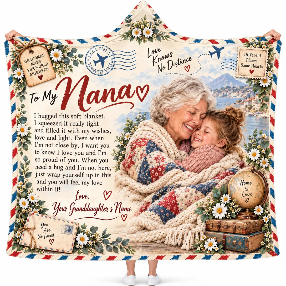 Personalized Photo Nana Hooded Blanket, Custom Long Distance Airmail Hug Gift