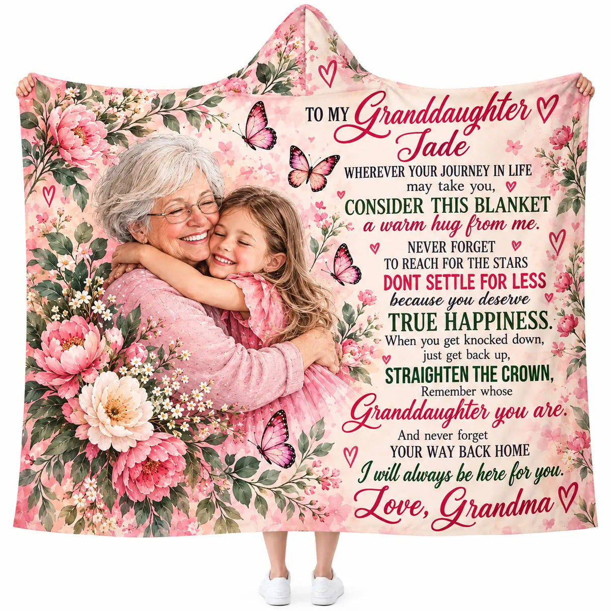 Personalized To My Granddaughter Hooded Blanket, Floral Grandma Gift