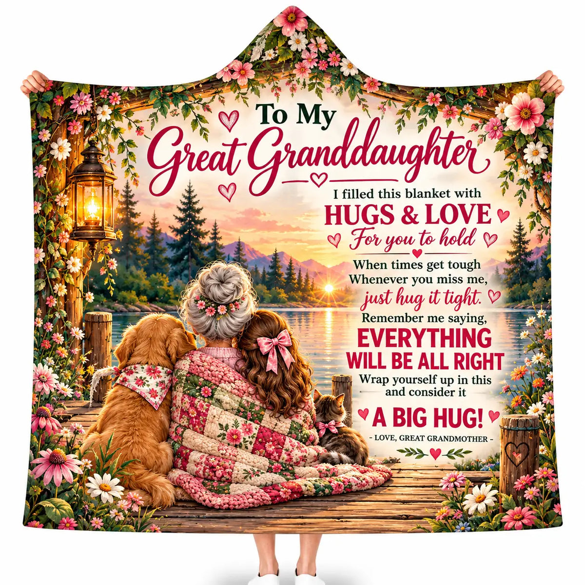 To My Great Granddaughter Hooded Blanket - Floral Sunset Fleece Throw Gift from Great Grandmother
