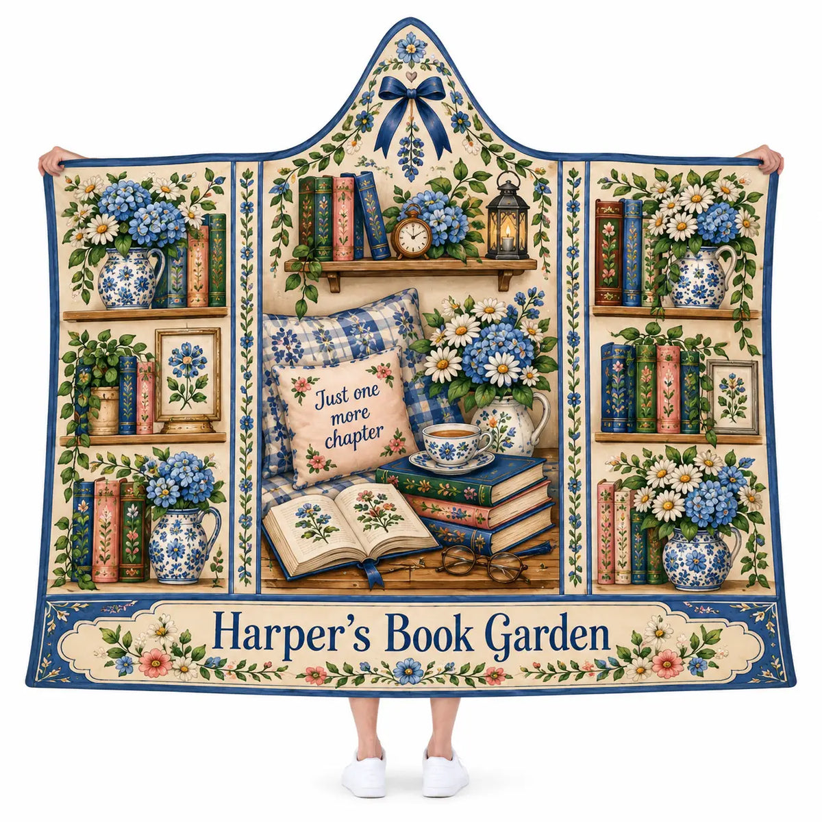 Personalized Book Garden Hooded Blanket, Floral Bookish Wearable Throw Gift