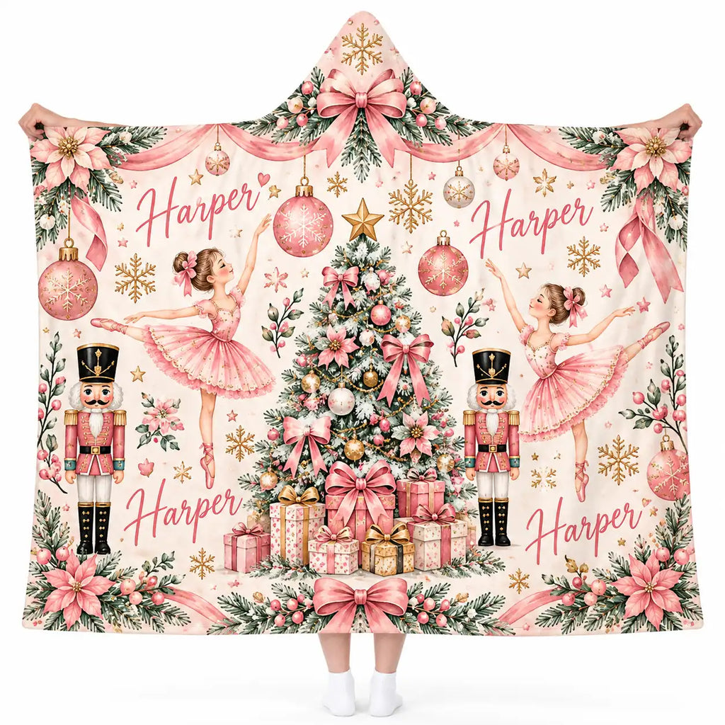 Custom Name Pink Christmas Hooded Blanket - Personalized Pink Ballerina, Nutcracker & Ribbon Tree Fleece Blanket, Girls Gift