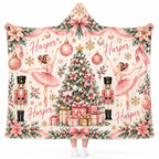 Custom Name Pink Christmas Hooded Blanket - Personalized Pink Ballerina, Nutcracker & Ribbon Tree Fleece Blanket, Girls Gift