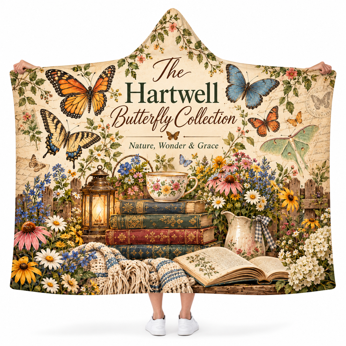 Personalized Butterfly Collection Hooded Blanket, Vintage Botanical Garden Gift