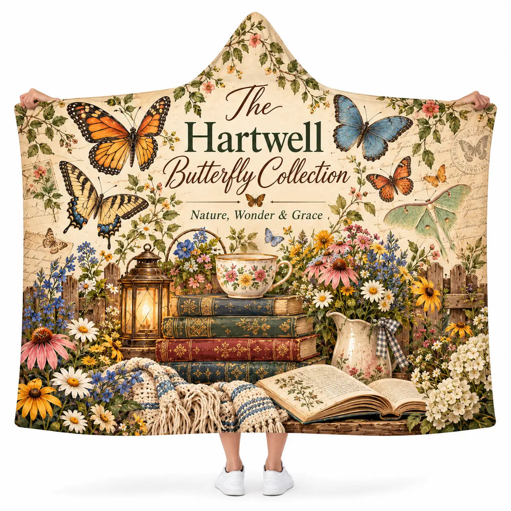 The Hartwell Butterfly Collection Hooded Blanket - Vintage Garden & Books Fleece Throw