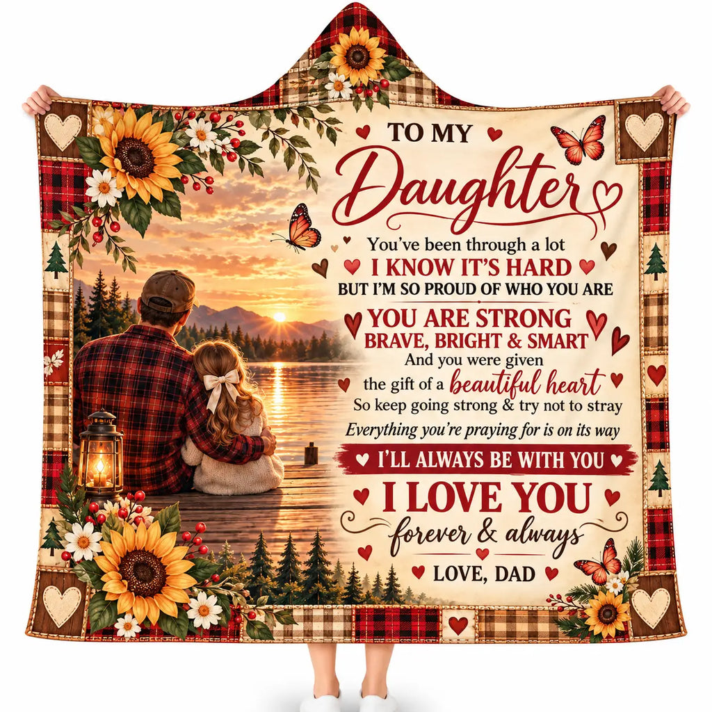 To My Daughter Hooded Blanket - Sunset Lake Sunflower Fleece Throw Gift from Dad