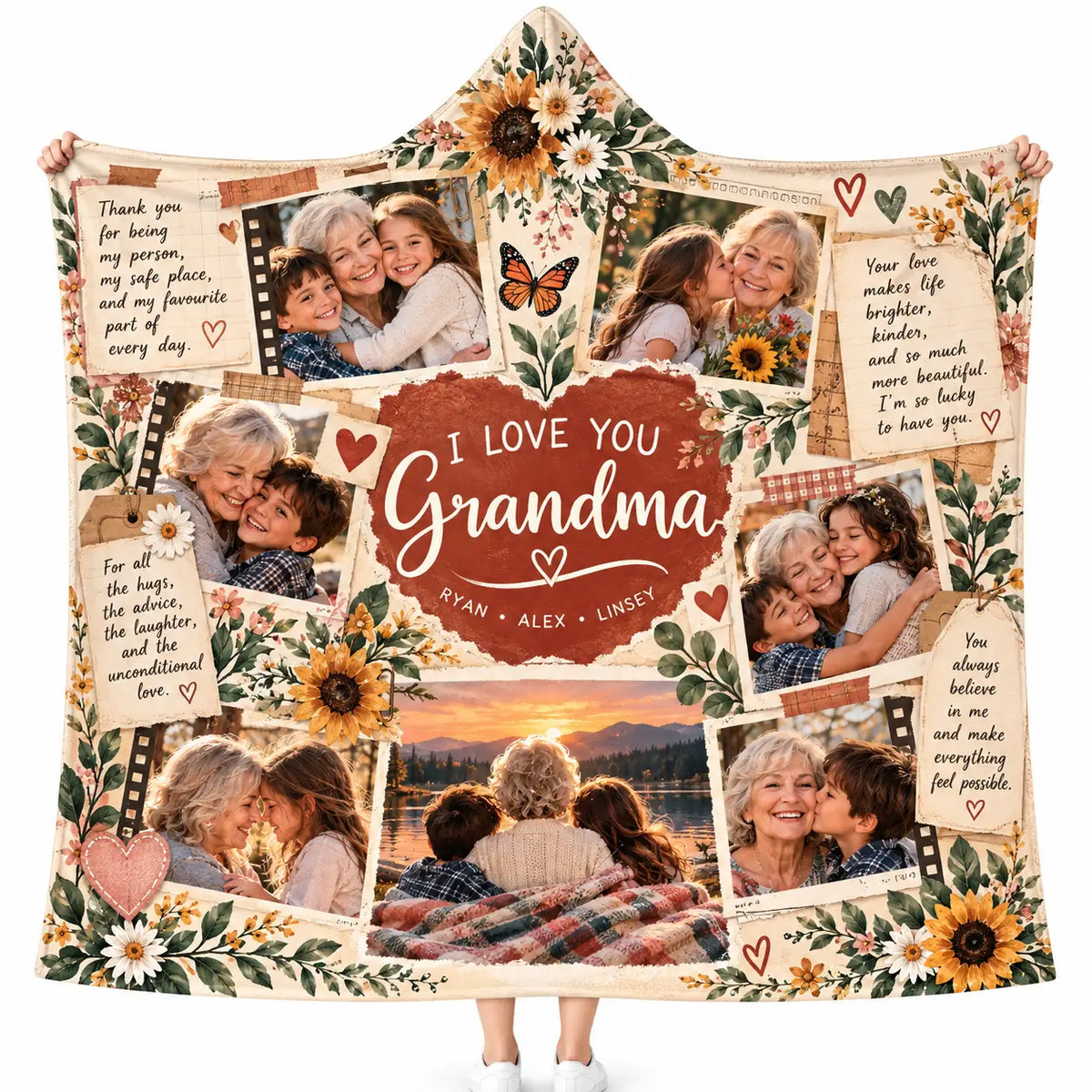 Personalized I Love You Grandma Photo Collage Hooded Blanket, Custom Gift