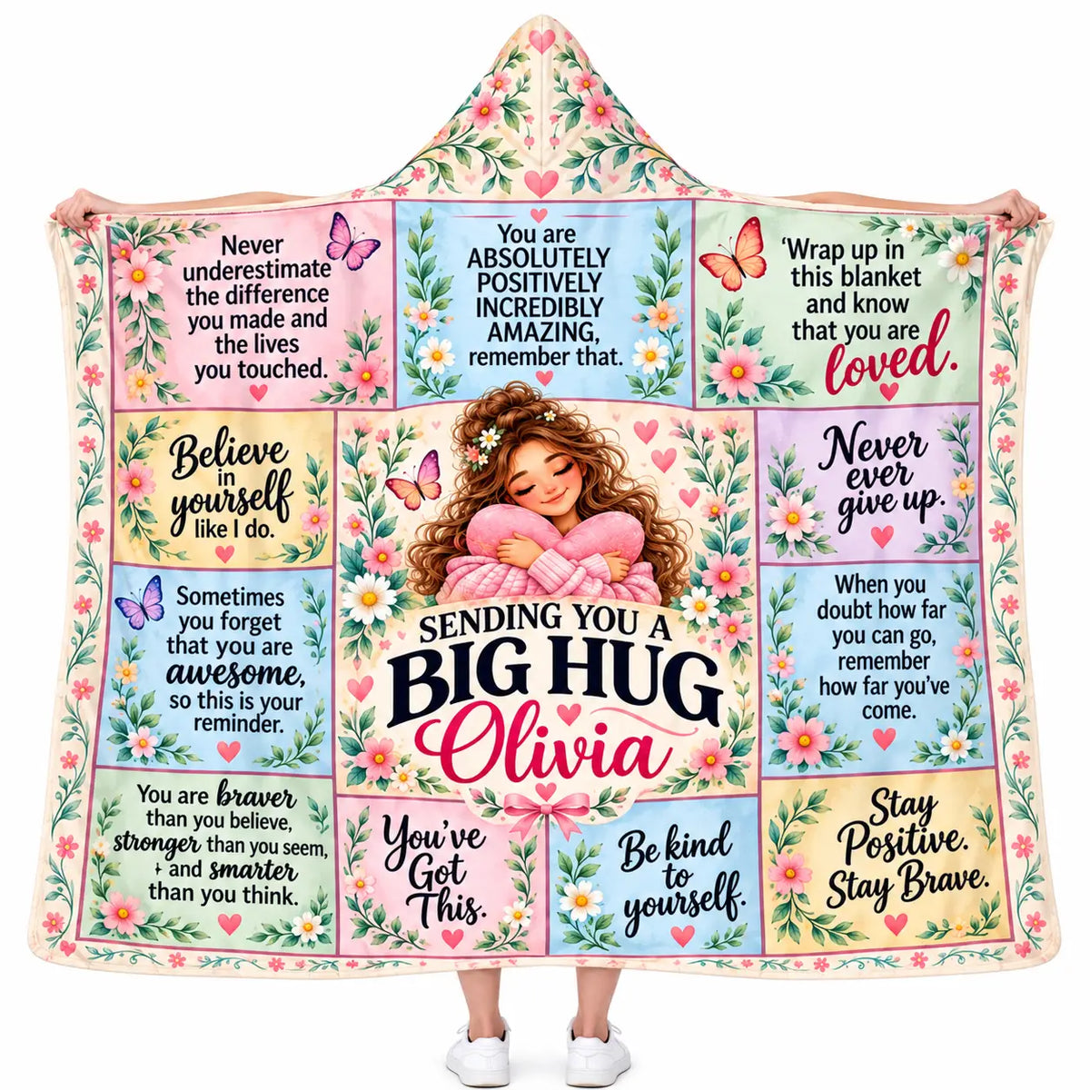 Personalized Sending You A Big Hug Hooded Blanket - Floral Inspirational Quotes Fleece Throw Gift