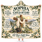 Personalized Child of God Hooded Blanket - Bible Verse Floral Cross Fleece Throw Christian Gift
