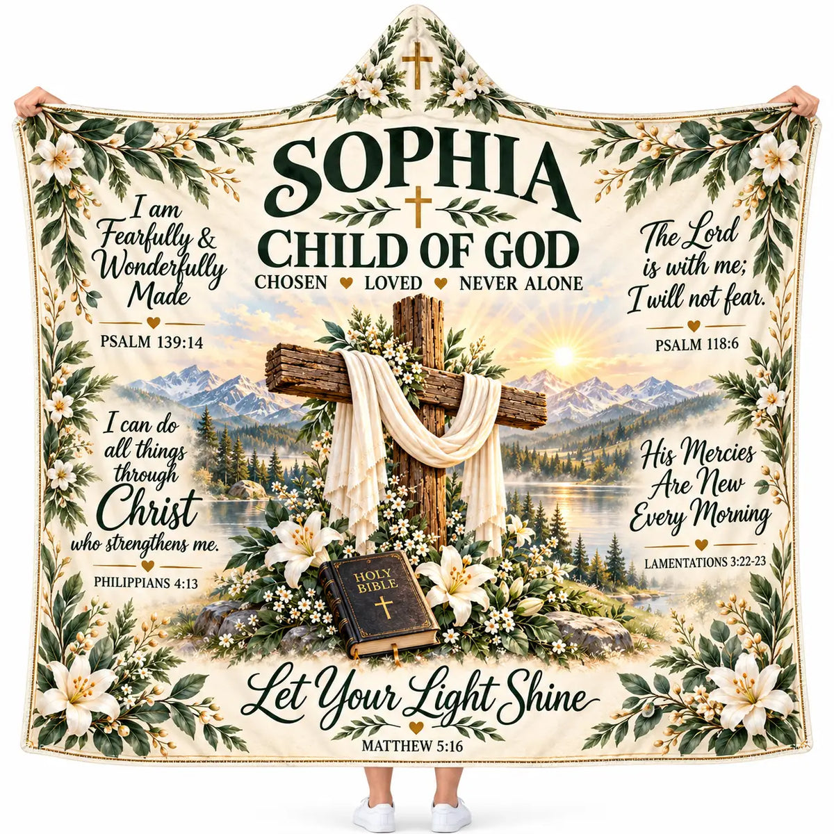 Personalized Child of God Hooded Blanket - Bible Verse Floral Cross Fleece Throw Christian Gift