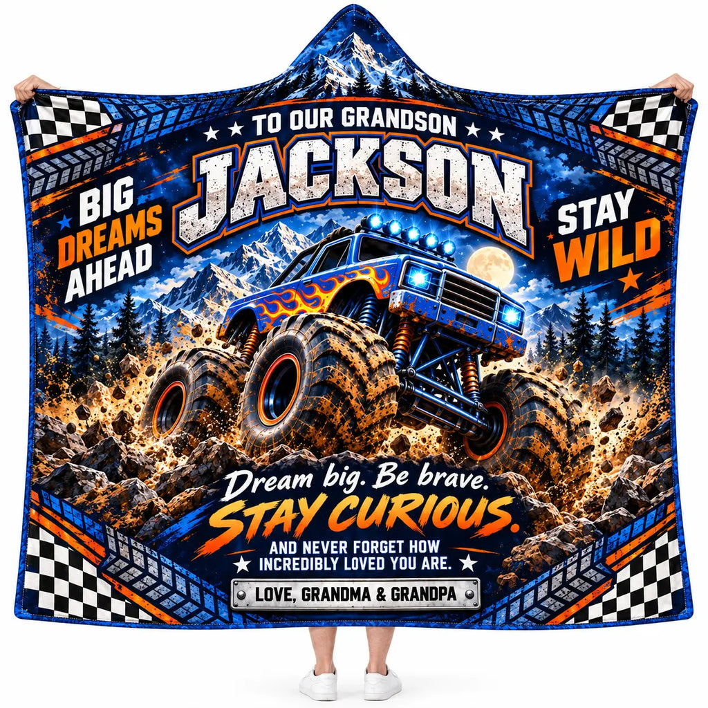 Personalized To Our Grandson Hooded Blanket - Monster Truck Fleece Throw Gift from Grandma & Grandpa