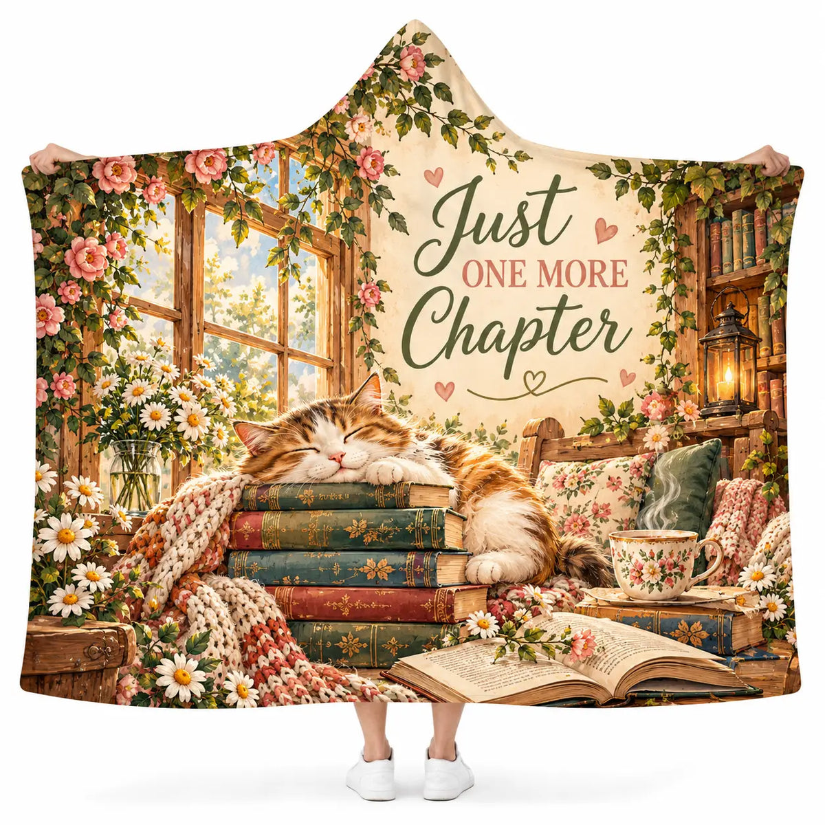Just One More Chapter Hooded Blanket - Sleeping Cat & Vintage Books Fleece Throw Gift for Book Lovers