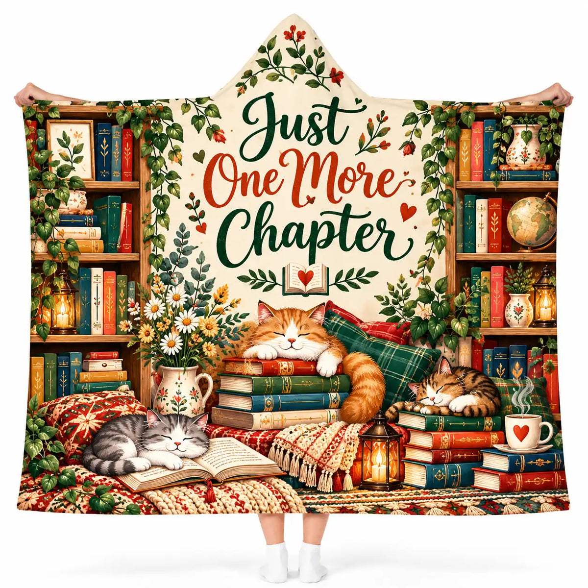 Just One More Chapter Wearable Hooded Blanket - Bookshelf, Reading Cats & Coffee Cup Throw Blanket, Reader Gift