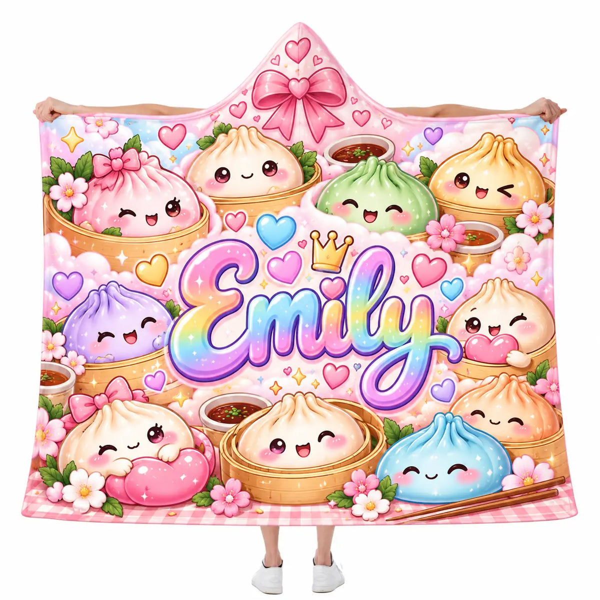 Personalized Kawaii Dumpling Hooded Blanket, Custom Name Dim Sum Foodie Gift