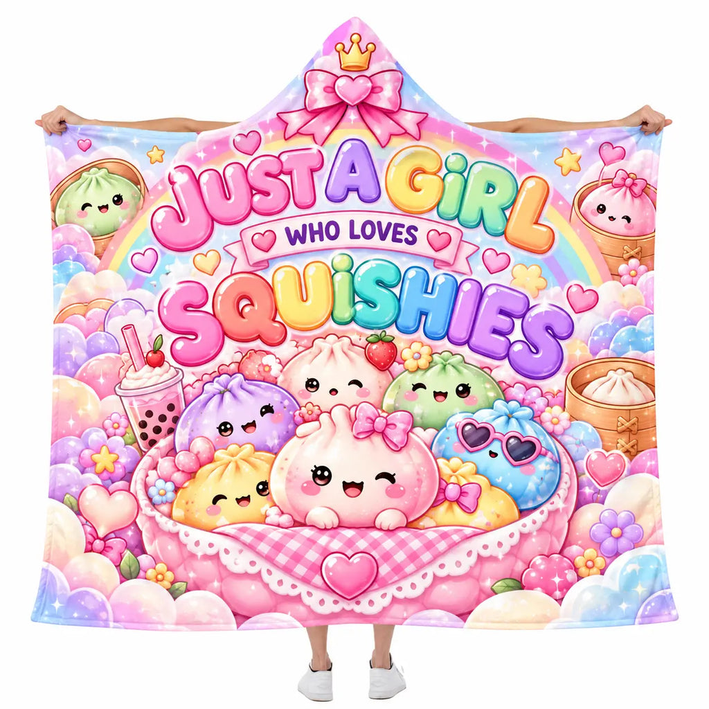 Just A Girl Who Loves Squishies Hooded Blanket, Kawaii Pastel Rainbow Gift