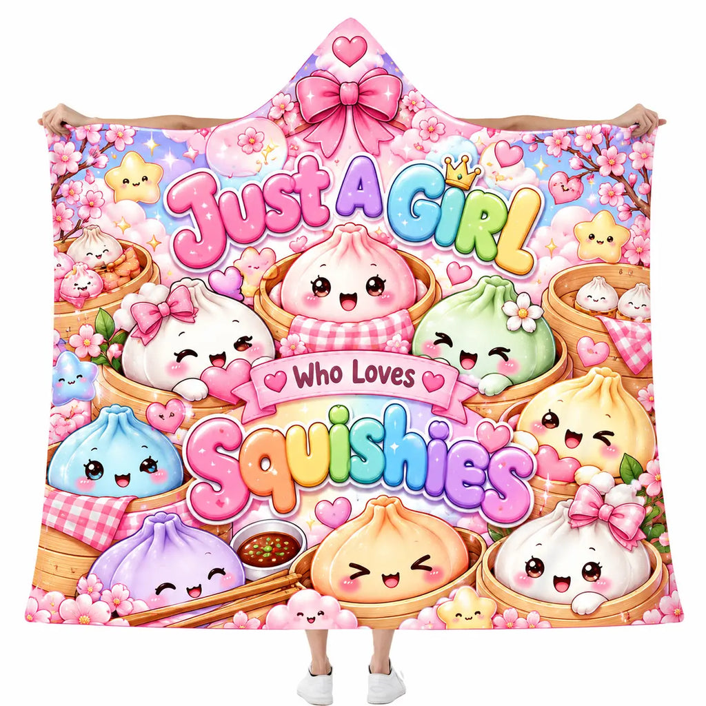 Just A Girl Who Loves Squishies Hooded Blanket, Kawaii Cherry Blossom Gift