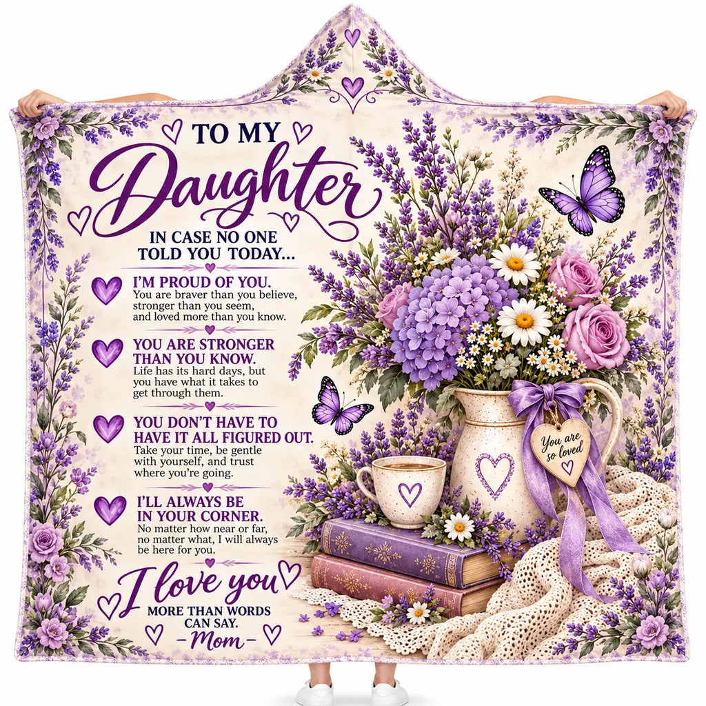 To My Daughter Hooded Blanket, Love Mom Lavender Floral Butterfly Keepsake Gift