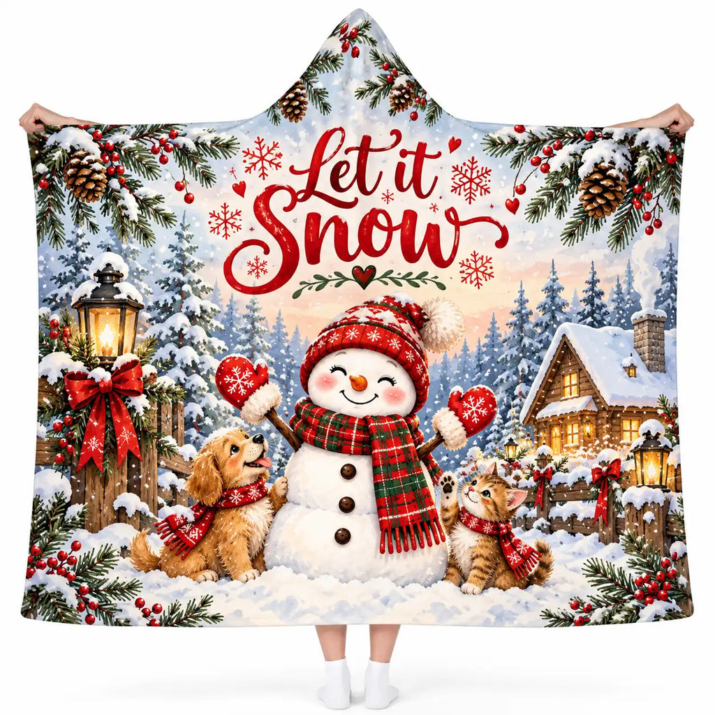Cozy Let It Snow Winter Hooded Blanket - Cute Snowman, Golden Puppy & Tabby Kitten Fleece Blanket, Christmas Gift