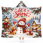 Cozy Let It Snow Winter Hooded Blanket - Cute Snowman, Golden Puppy & Tabby Kitten Fleece Blanket, Christmas Gift
