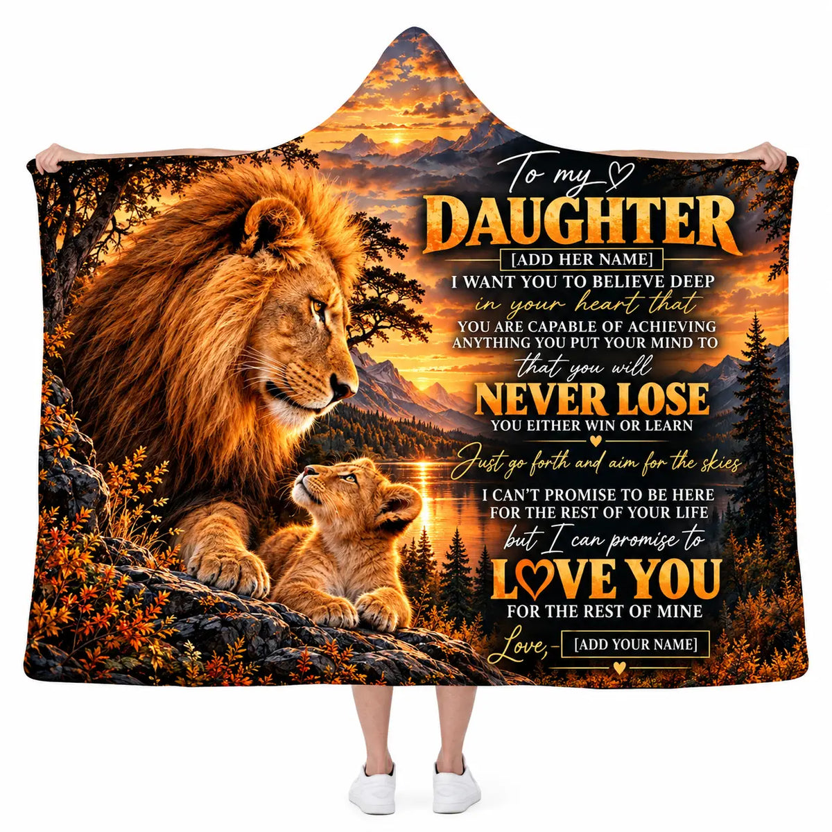 Personalized To My Daughter Hooded Blanket - Lion & Cub Sunset Mountain Fleece Throw Gift