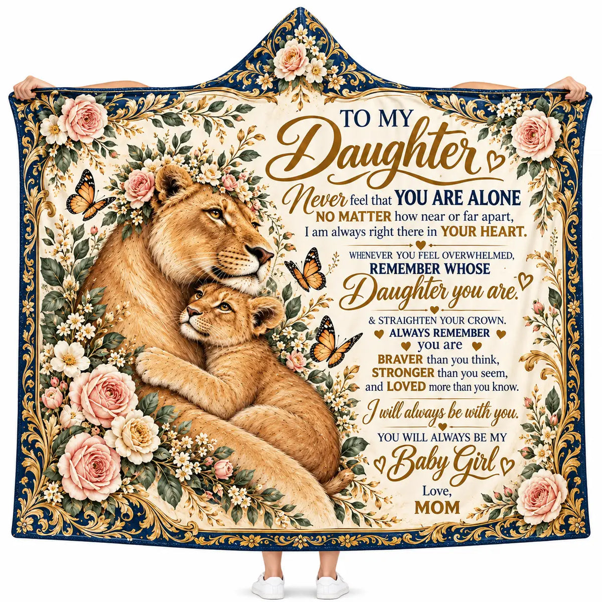 To My Daughter Hooded Blanket - Lioness and Cub Floral Fleece Throw Gift from Mom