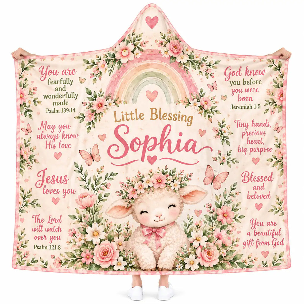 Custom Name Baby Girl Hooded Blanket - Christian Bible Verses Pink Floral Lamb & Rainbow Wearable Blanket, Baptism Gift
