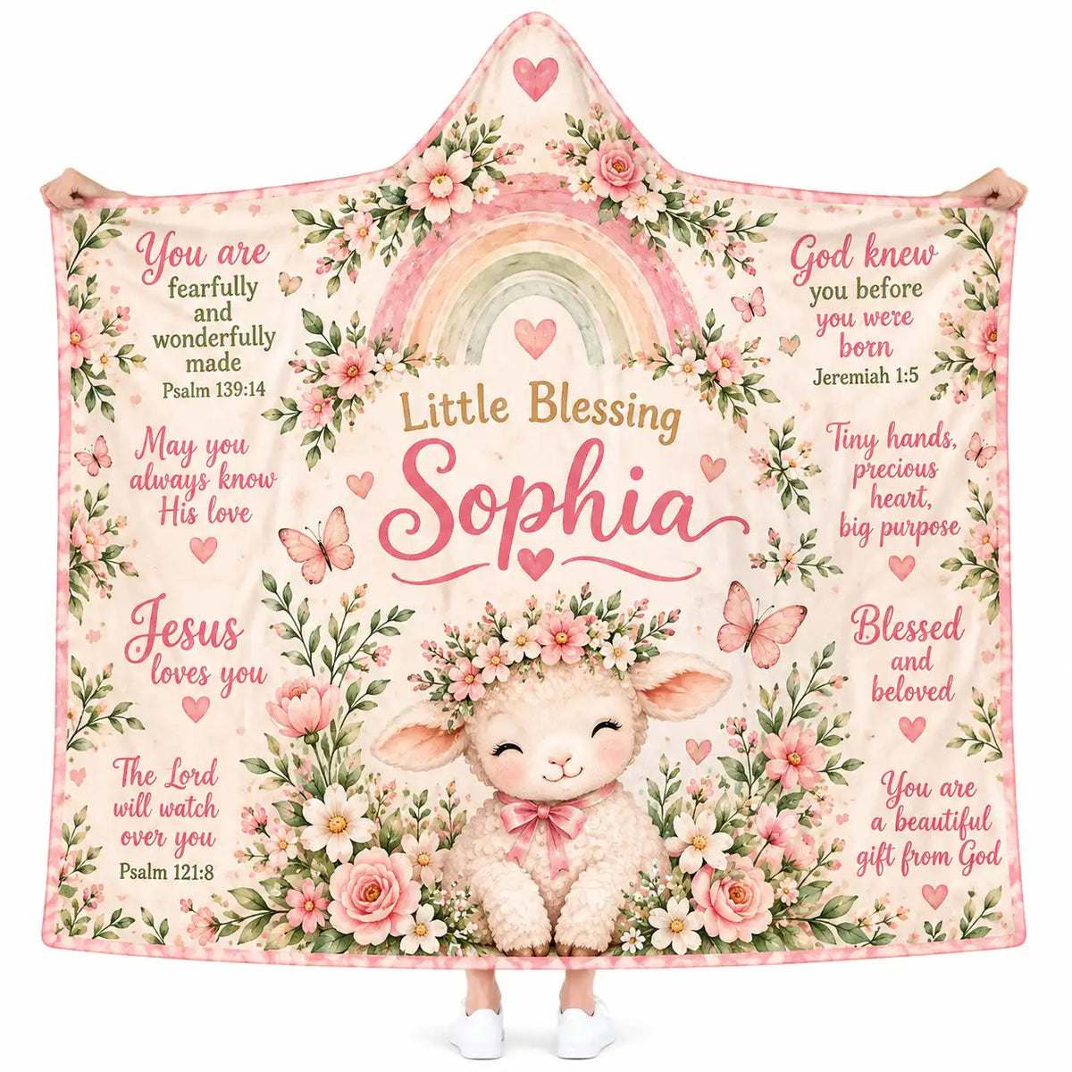 Custom Name Baby Girl Hooded Blanket - Christian Bible Verses Pink Floral Lamb & Rainbow Wearable Blanket, Baptism Gift