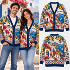 Personalized Couple Name Mediterranean Village Christmas Knitted Cardigan, Cozy Winter Outfit Sweater