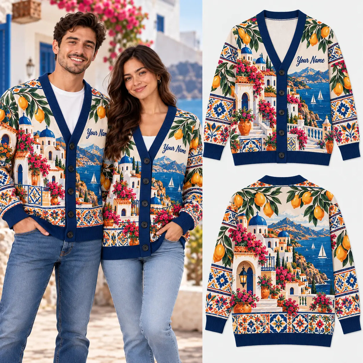 Personalized Couple Name Mediterranean Village Christmas Knitted Cardigan, Cozy Winter Outfit Sweater
