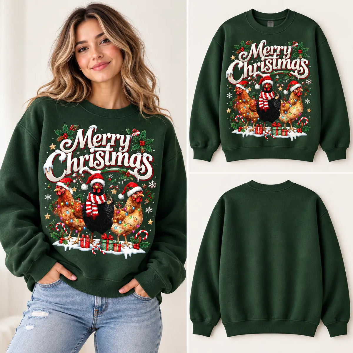 Merry Christmas Chickens Sweatshirt – Funny Christmas Chickens with Santa Hats & Lights Crewneck