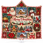 Custom Family Name Christmas Hooded Blanket - Vintage Patchwork Santa, Snowman & Red Truck Fleece Blanket, Family Gift