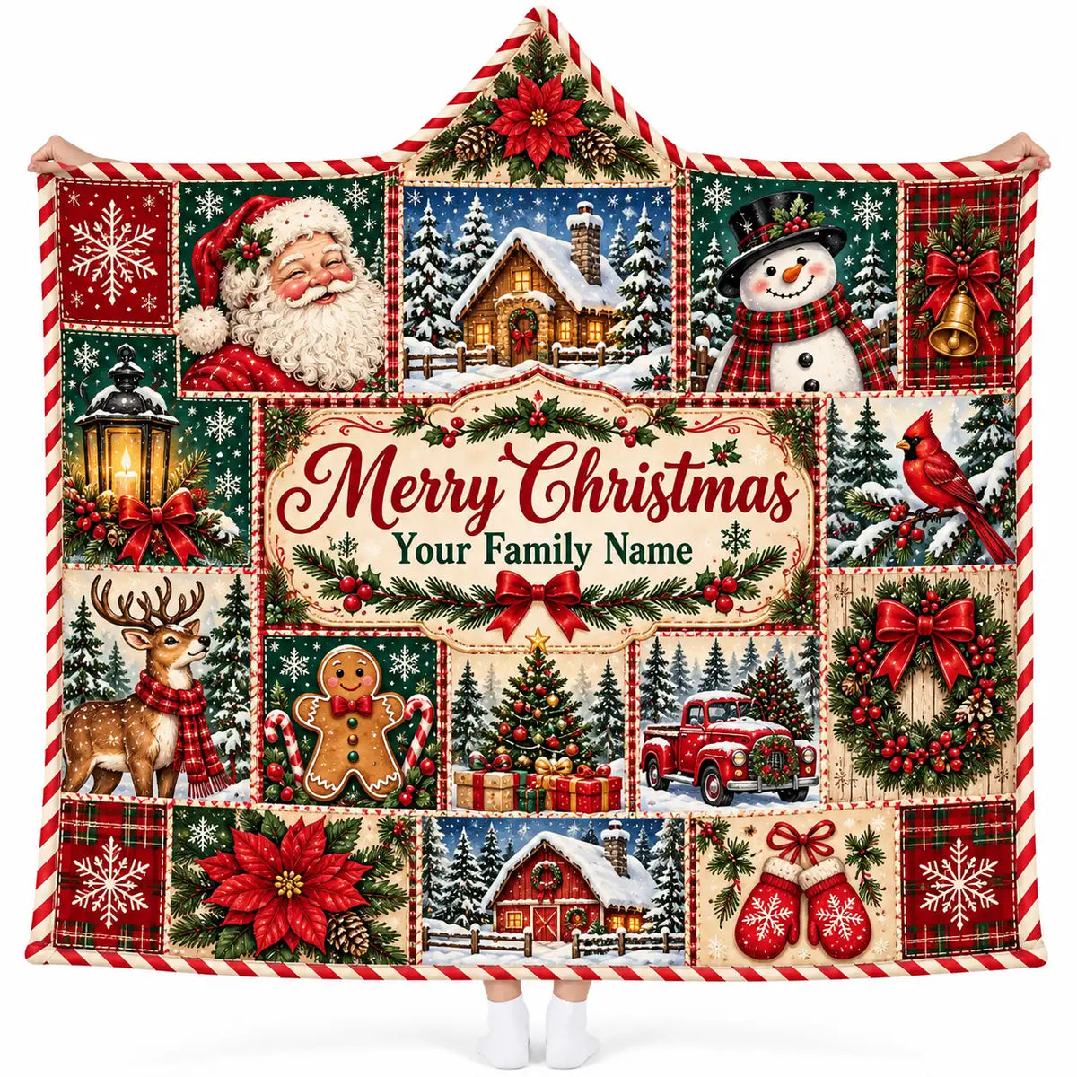 Custom Family Name Christmas Hooded Blanket - Vintage Patchwork Santa, Snowman & Red Truck Fleece Blanket, Family Gift