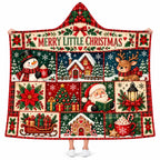 Merry Little Christmas Hooded Blanket - Festive Santa Snowman Reindeer Patchwork Fleece Throw