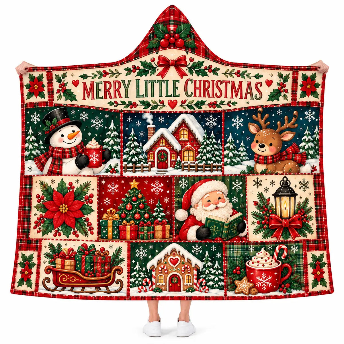 Merry Little Christmas Hooded Blanket - Festive Santa Snowman Reindeer Patchwork Fleece Throw