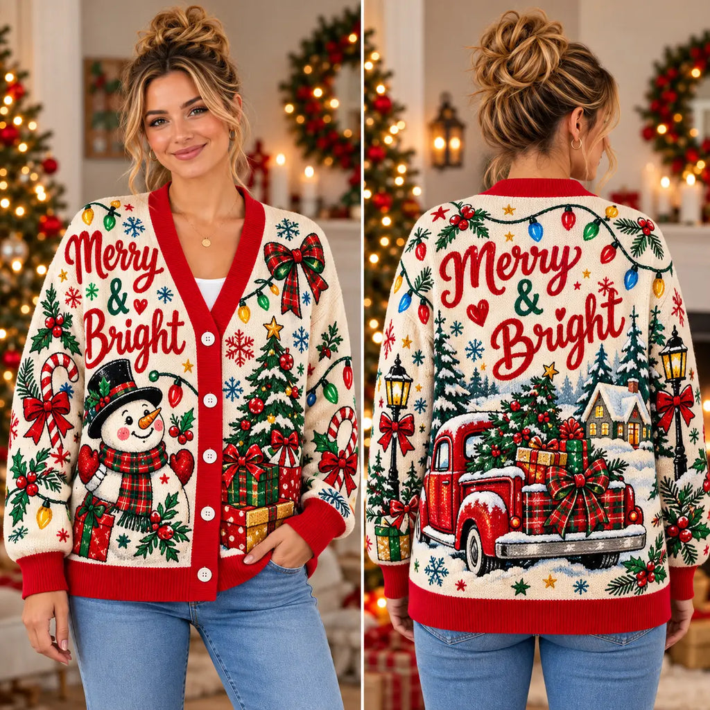 Merry & Bright Christmas Knitted Cardigan, Cozy Winter Outfit Sweater